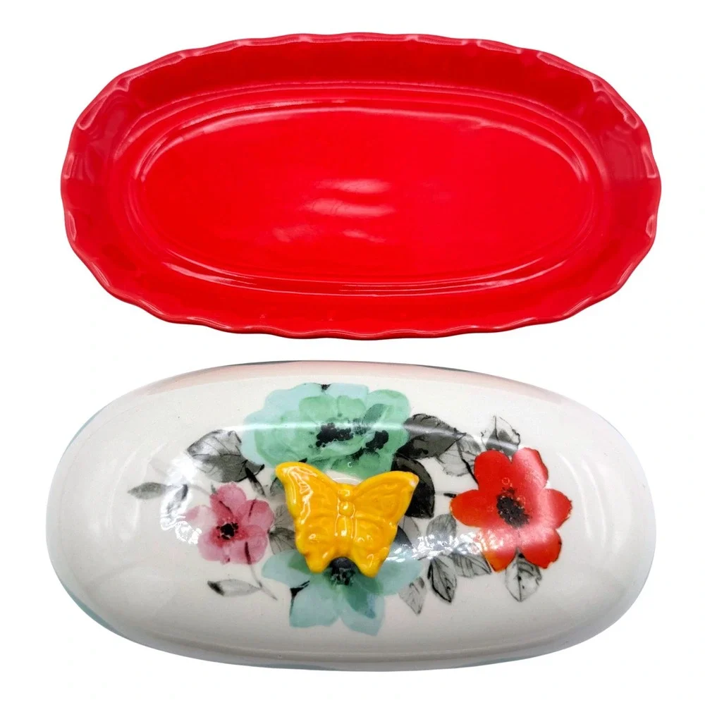 The Pioneer Woman Flea Market Floral Butter Dish Butterfly Red Turquoise 6.5
